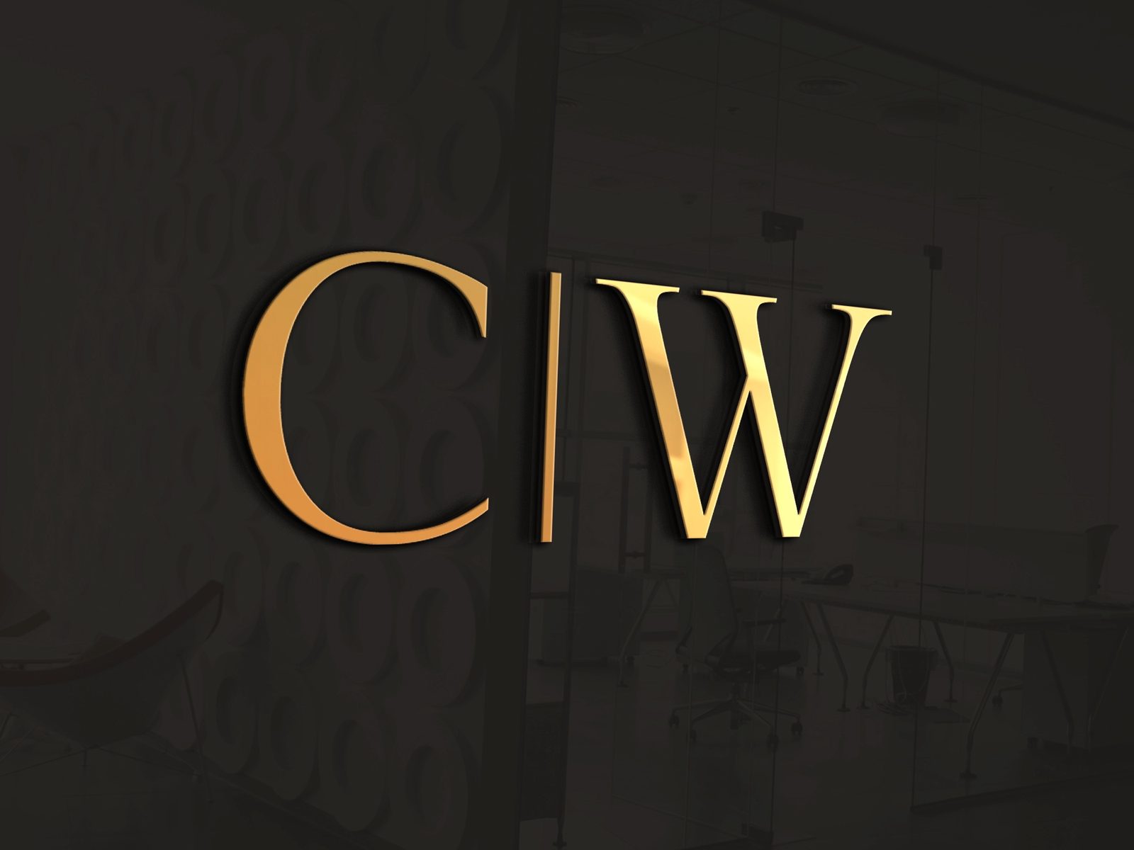 Crown of Wealth gold C W monogram logo on a dark glass wall