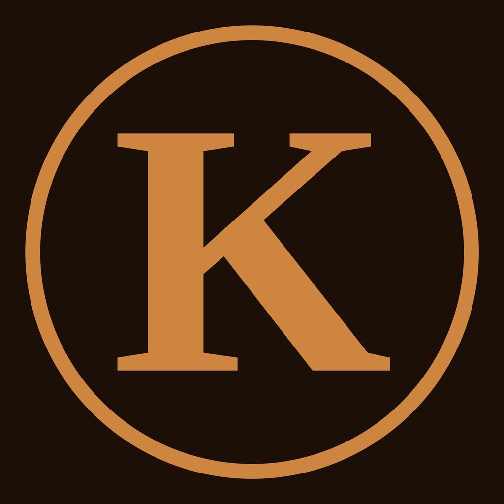 Kindred Content logo, a copper serif K inside a circle on a dark brown background