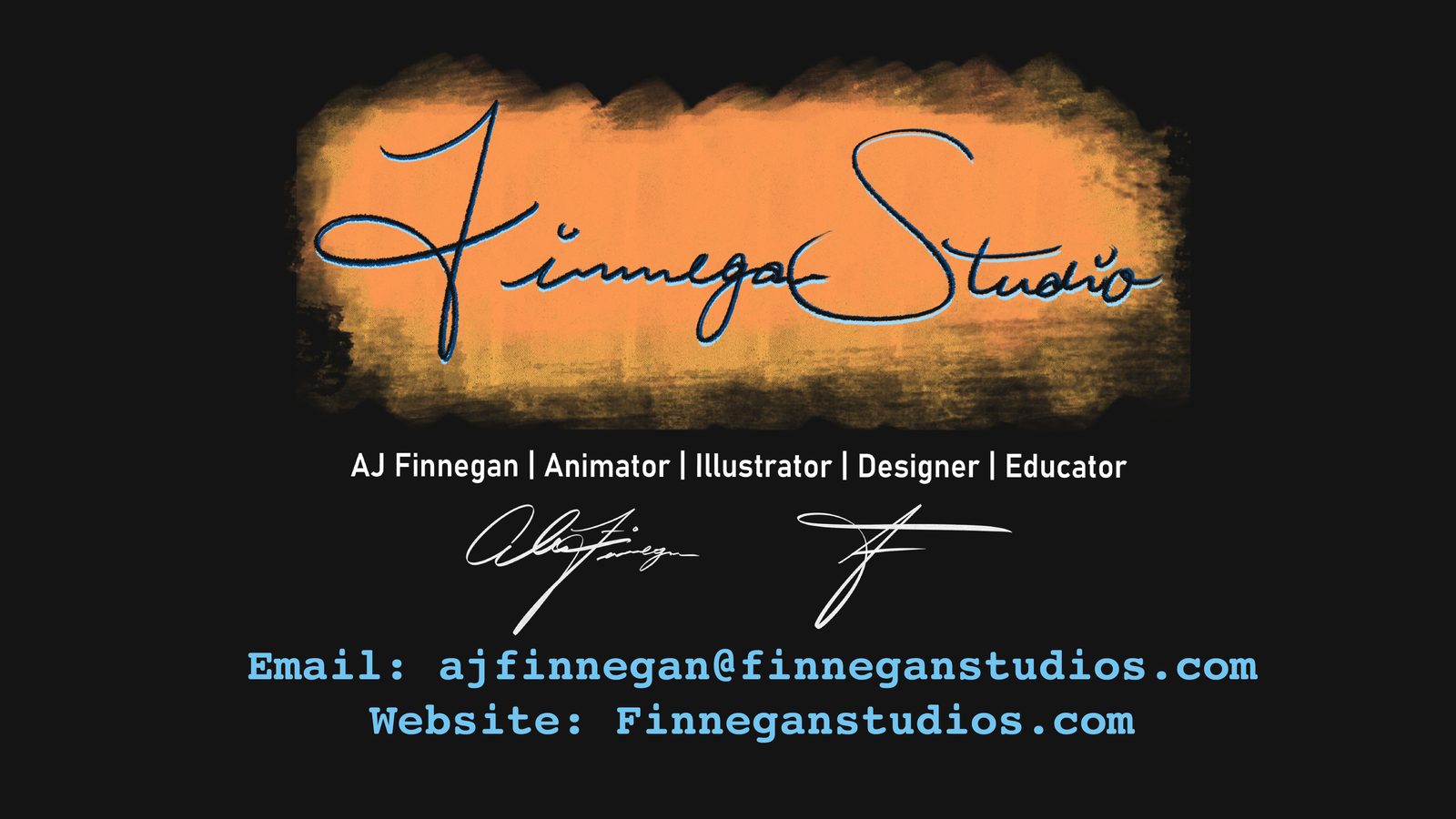 Finnegan Studio business card: the hand-lettered studio name over orange brushstrokes, with AJ Finnegan, Animator, Illustrator, Designer, Educator