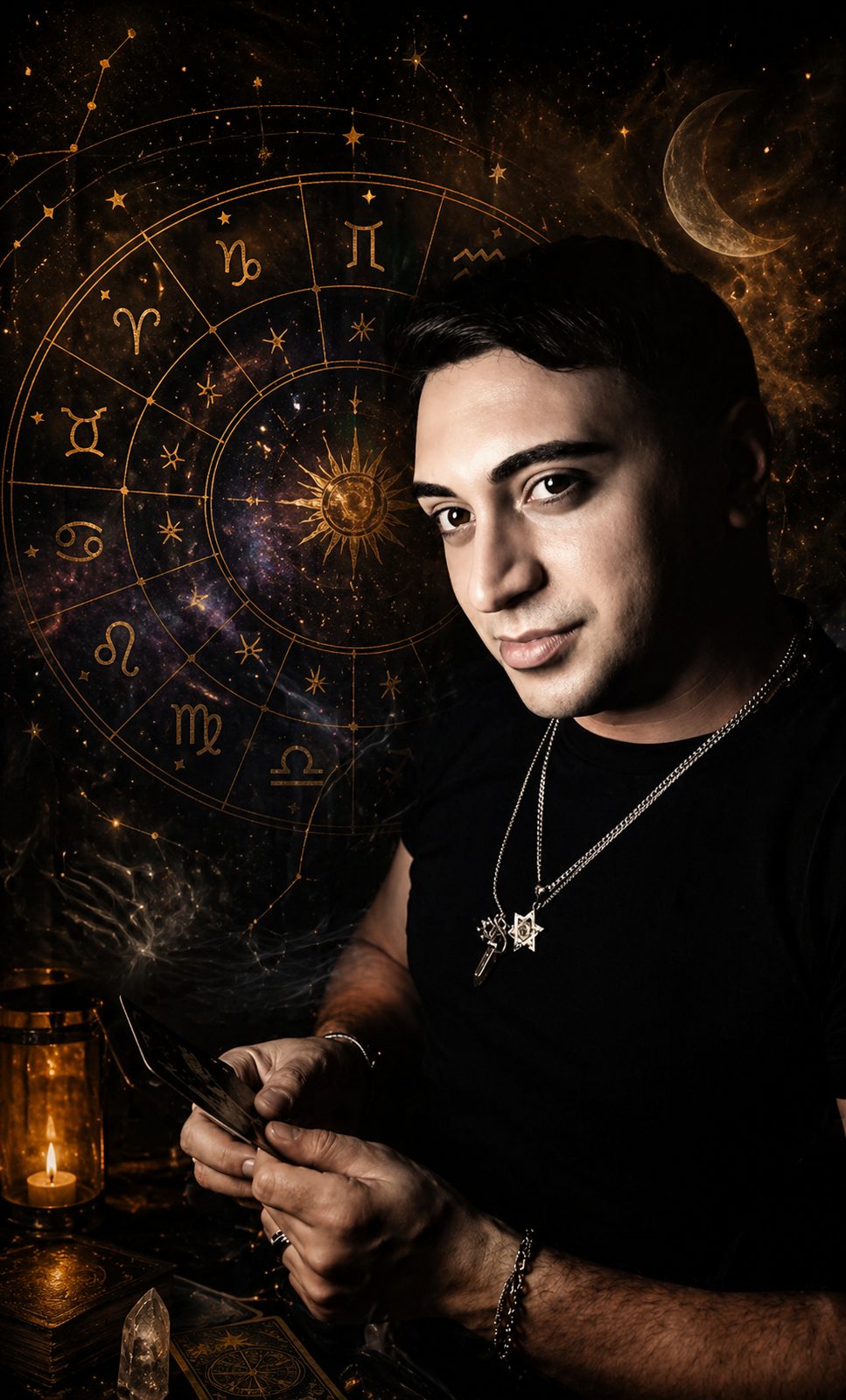 Alex C. AnGelo reading tarot beside an astrological wheel