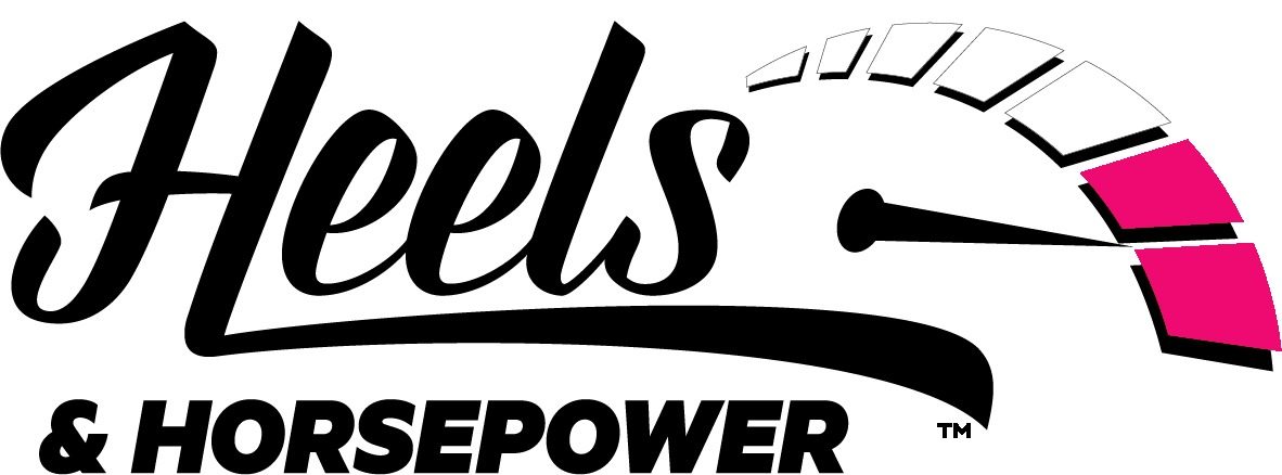Heels & Horsepower logo: script lettering beside a speedometer with pink segments