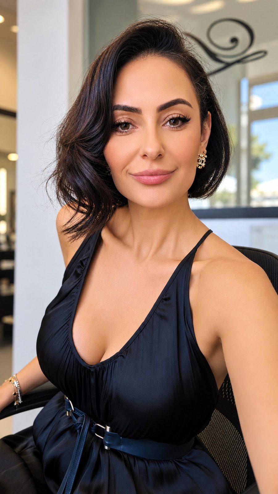 Anna Agajanyan, owner of The Look Hair Salon, smiling in a black dress inside her Glendale salon