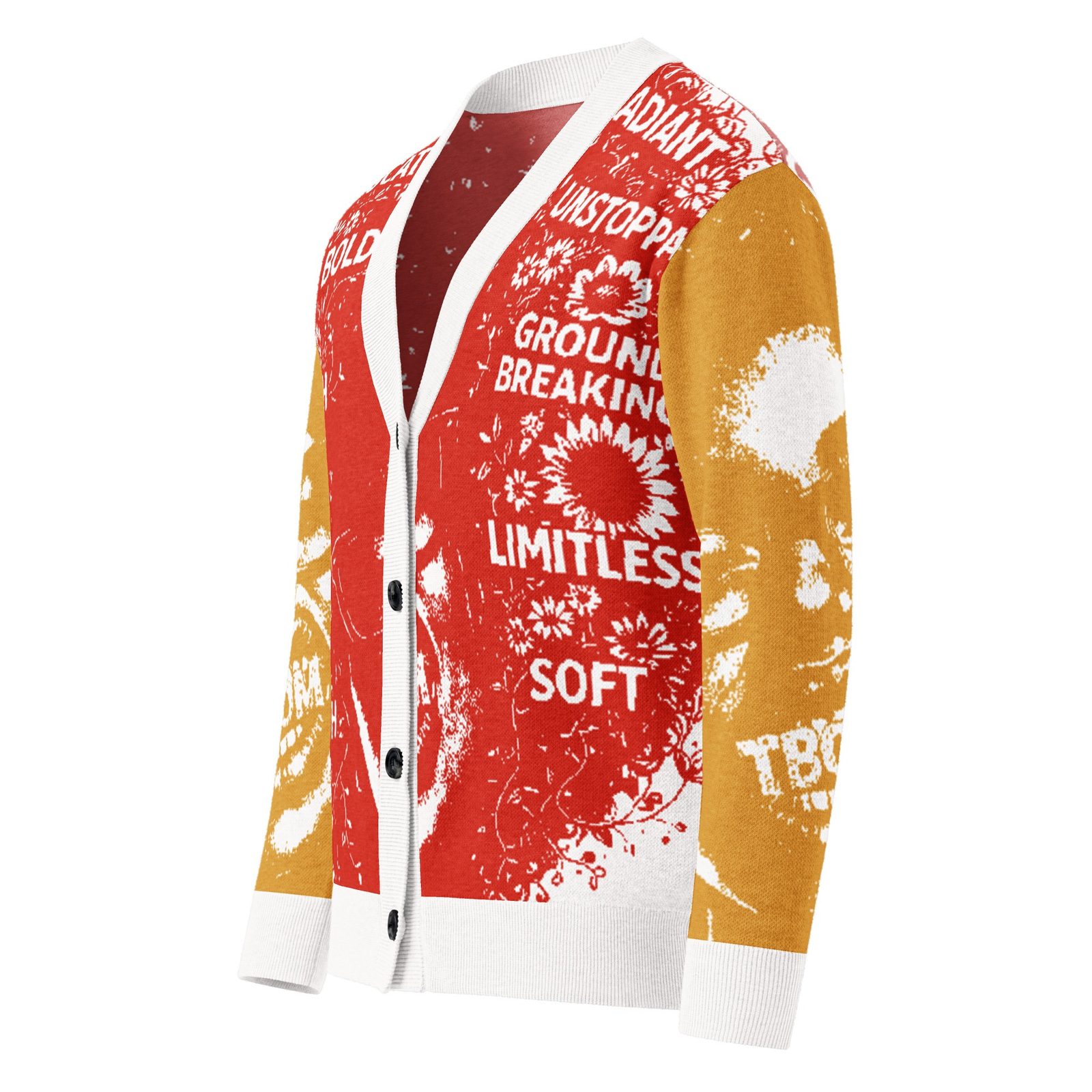 Front view of a TBOM Apparel knit cardigan in red, gold and white with affirmations like Groundbreaking, Limitless and Soft woven into the design