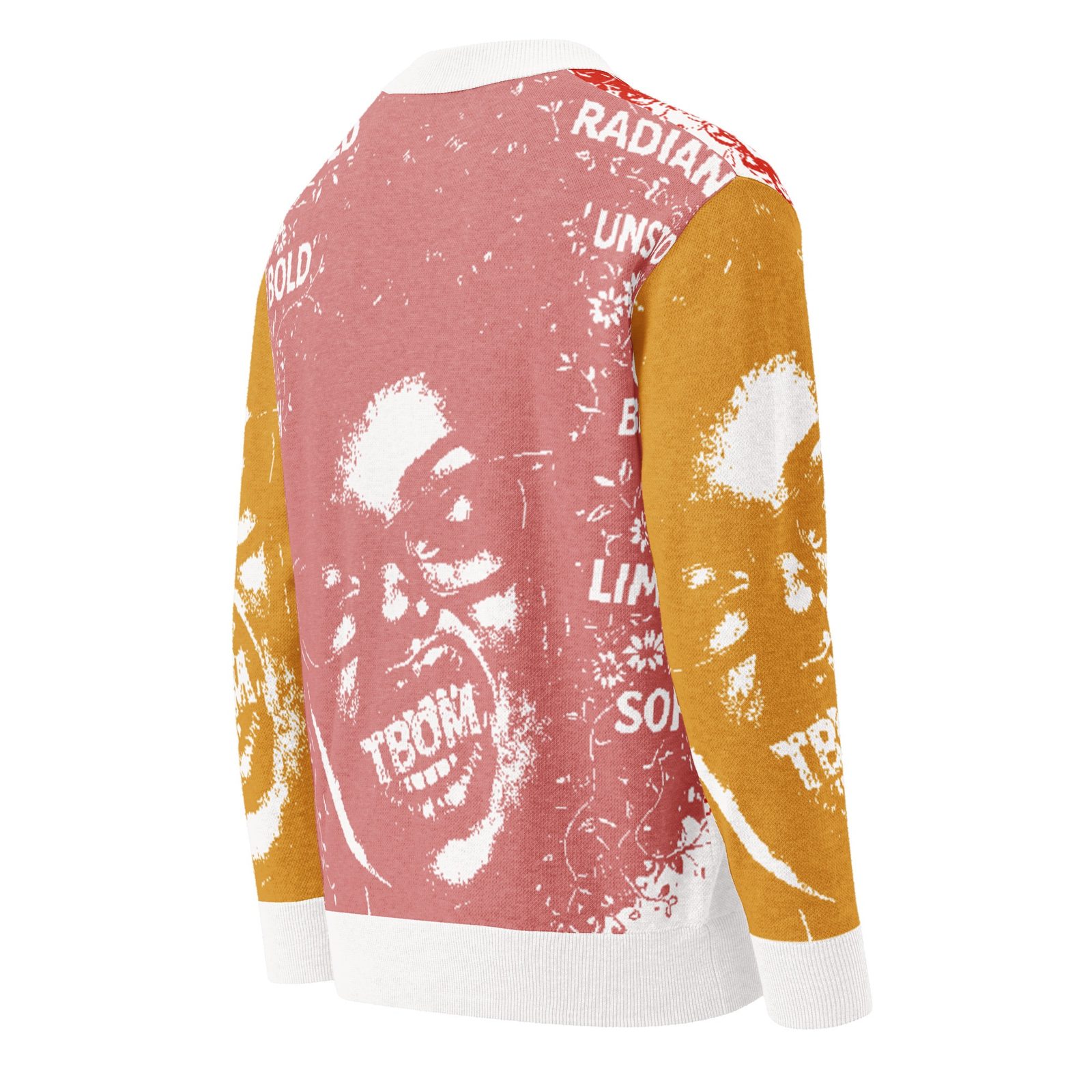Back view of the TBOM Apparel knit cardigan showing the brand’s afro silhouette and TBOM lettering