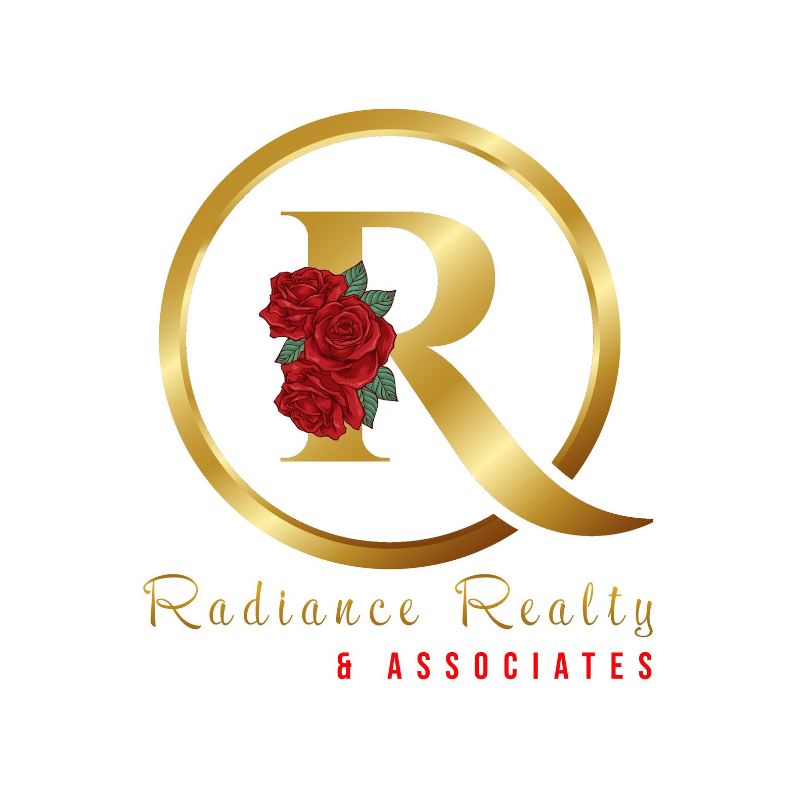 Radiance Realty & Associates logo: a gold letter R with red roses inside a gold ring