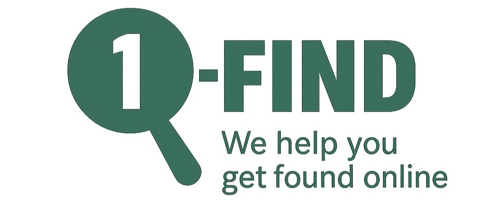 1-FIND logo, a green magnifying glass with the number 1 and the line We help you get found online