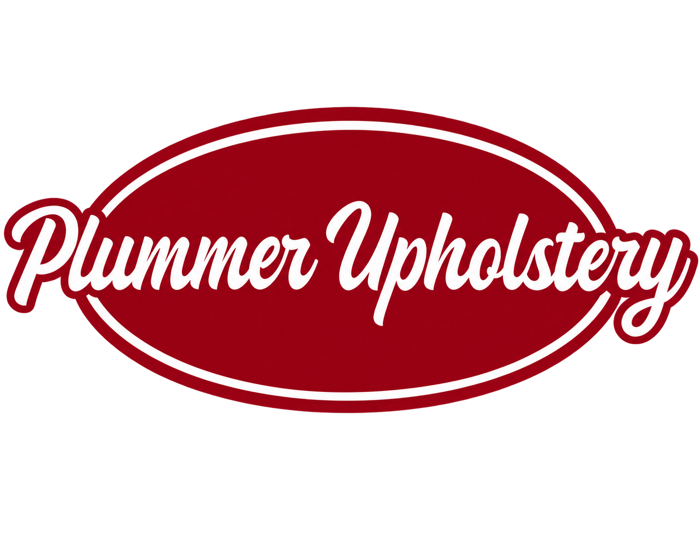 Plummer Upholstery logo, white script lettering on a red oval