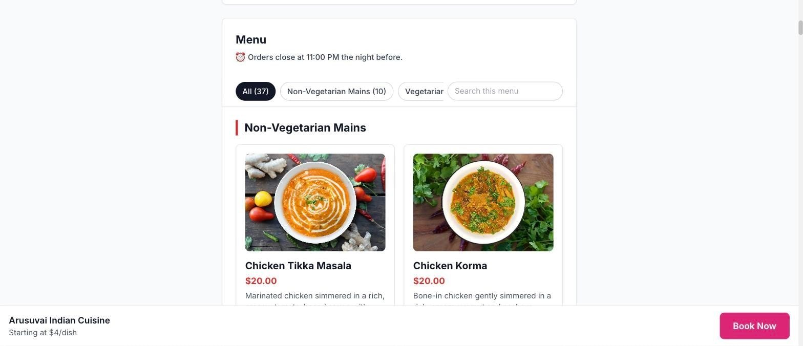 A live Chefry menu page for Arusuvai Indian Cuisine listing Chicken Tikka Masala and Chicken Korma