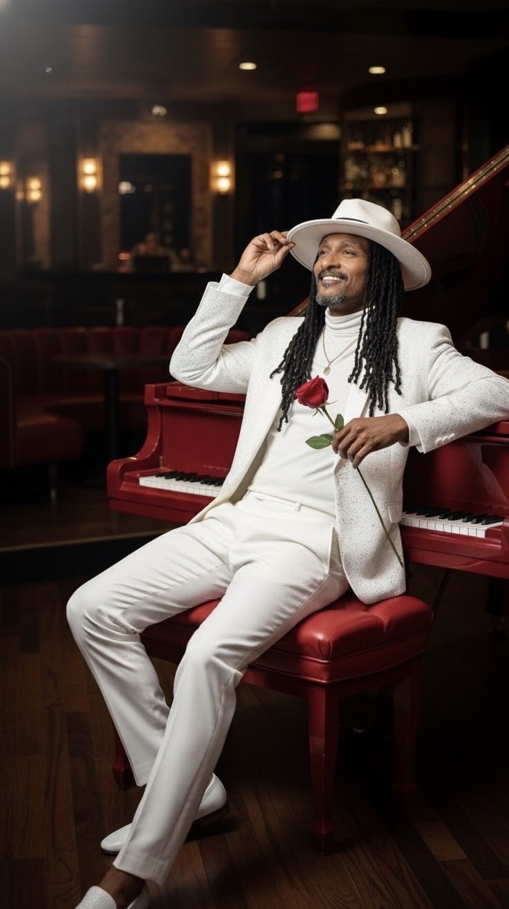 Dearick Milton in a white suit and hat, holding a red rose, seated at a red grand piano