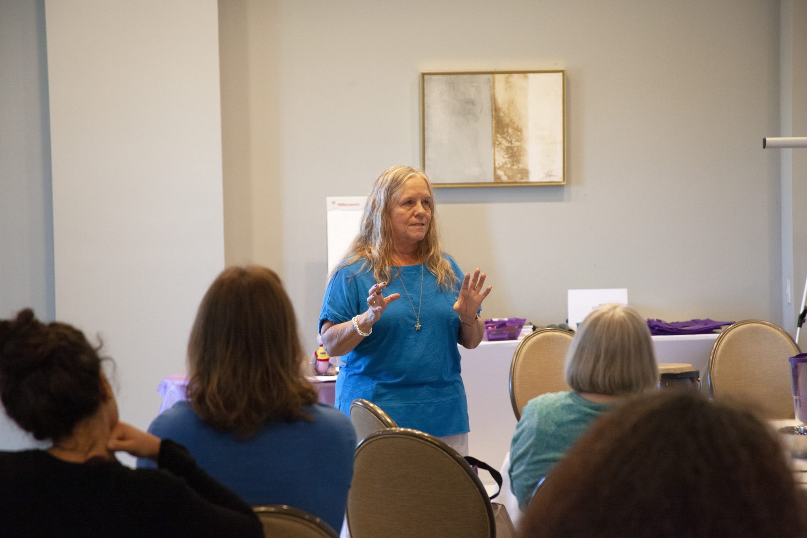 Dianne Allen in a blue top speaking to a seated group in a meeting room