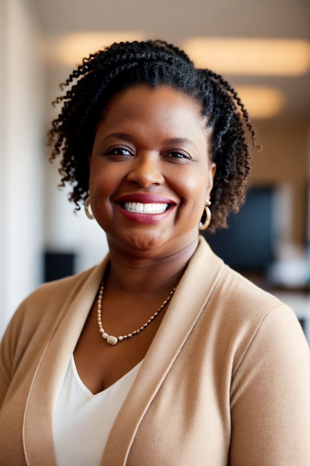 Dr. Orletta Caldwell, founder of Beyond Existing Enterprises, smiling in a camel cardigan and pearl necklace