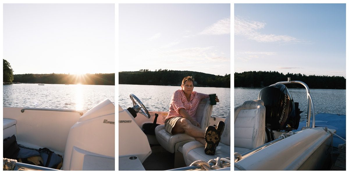 Emily Goldstein relaxing at the wheel of a motorboat on a lake at sunset, shown as a three-panel photo