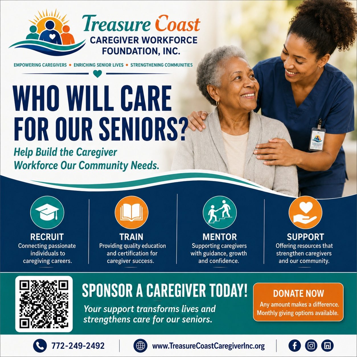 Treasure Coast Caregiver Workforce Foundation poster asking Who Will Care for Our Seniors, with its four pillars: recruit, train, mentor and support