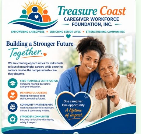 Sponsor a Caregiver campaign graphic: a caregiver in blue scrubs with a smiling older woman under the words Building a Stronger Future Together