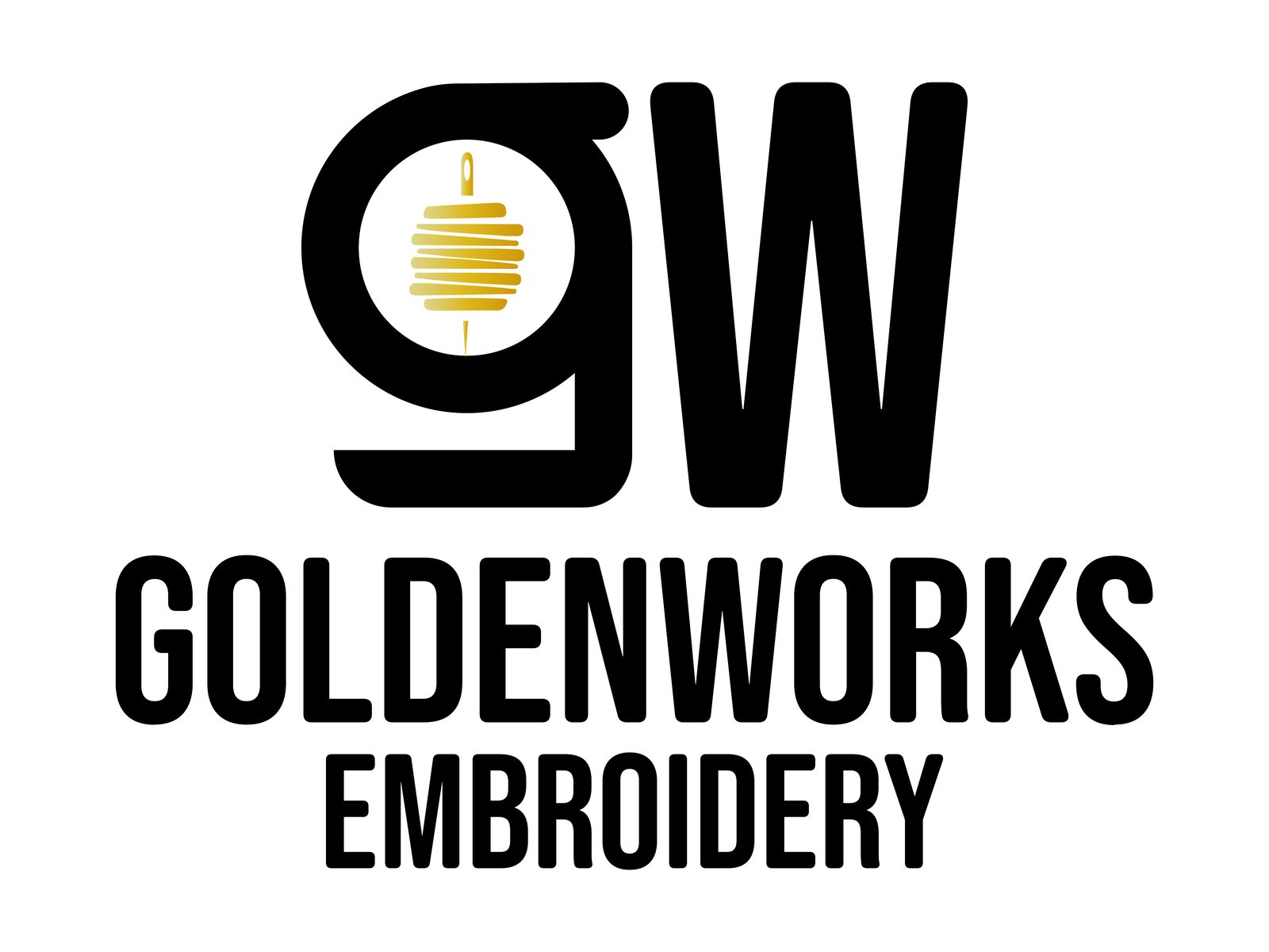 GoldenWorks Embroidery logo: a black GW monogram with a gold spool of thread inside the G