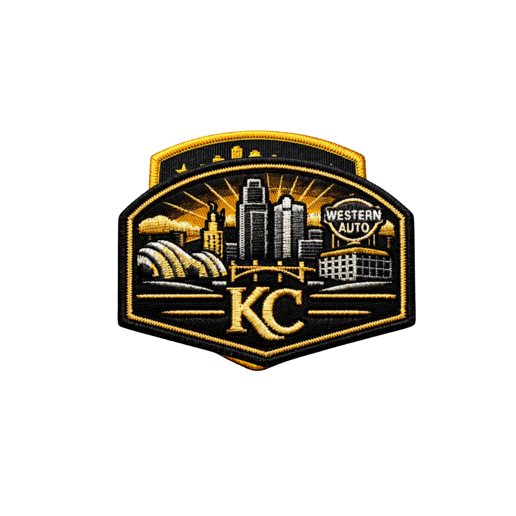 Embroidered Kansas City patch showing the downtown skyline, the Western Auto sign and the letters KC in gold thread