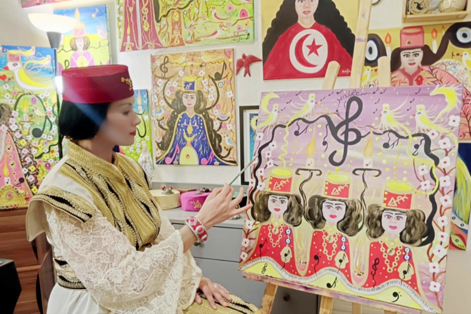 Haïfa Melliti in traditional Tunisian dress painting The Celestial Choir of God's Goddesses, with a canvas of the Tunisian flag on the wall behind her