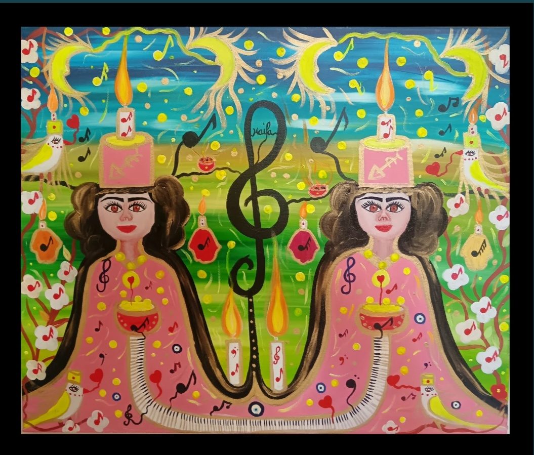 Les Déesses des notes éternelles, a Goddesses of Light painting by Haïfa Melliti: two goddesses with candles, treble clefs and musical notes on a green and blue background