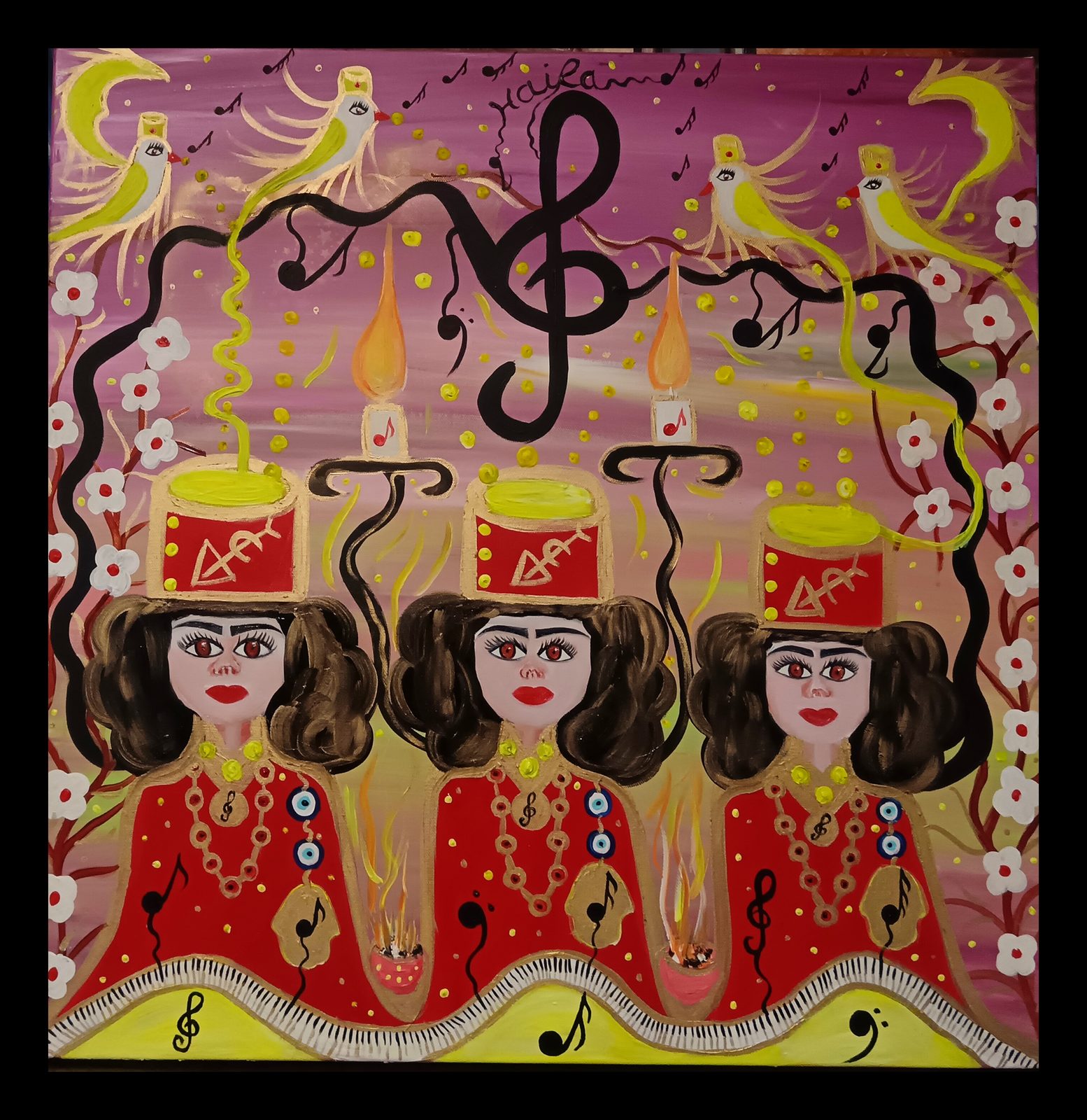 The Celestial Choir of God's Goddesses (2025) by Haïfa Melliti, oil and acrylic on canvas: three goddesses in red chechias and red robes beneath yellow birds and a treble clef