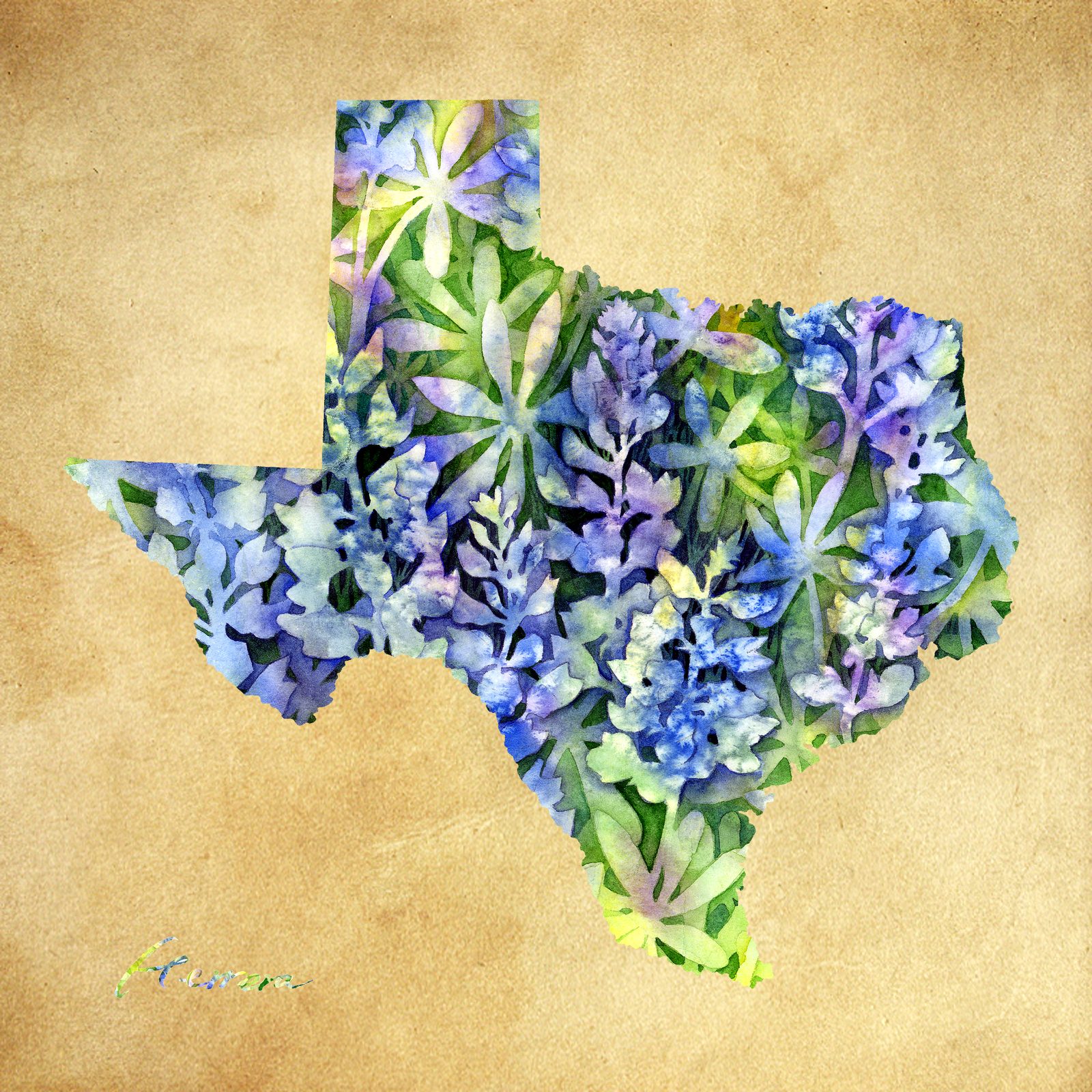 A Hailey Herrera watercolor batik painting of the state of Texas filled with bluebonnets on a warm parchment background