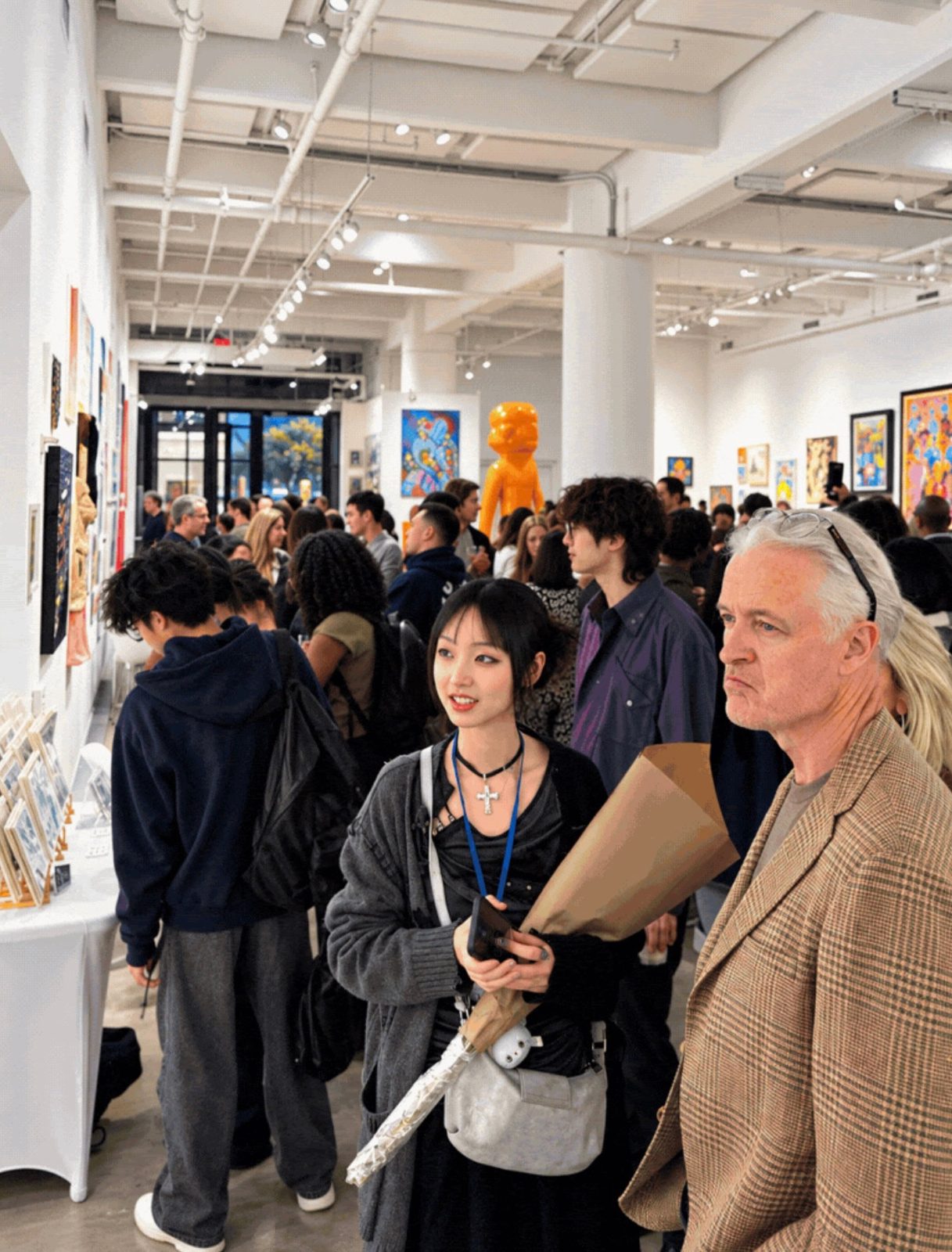 Huaixuan Xiang holding a wrapped bouquet among visitors at Clio Art Fair in New York