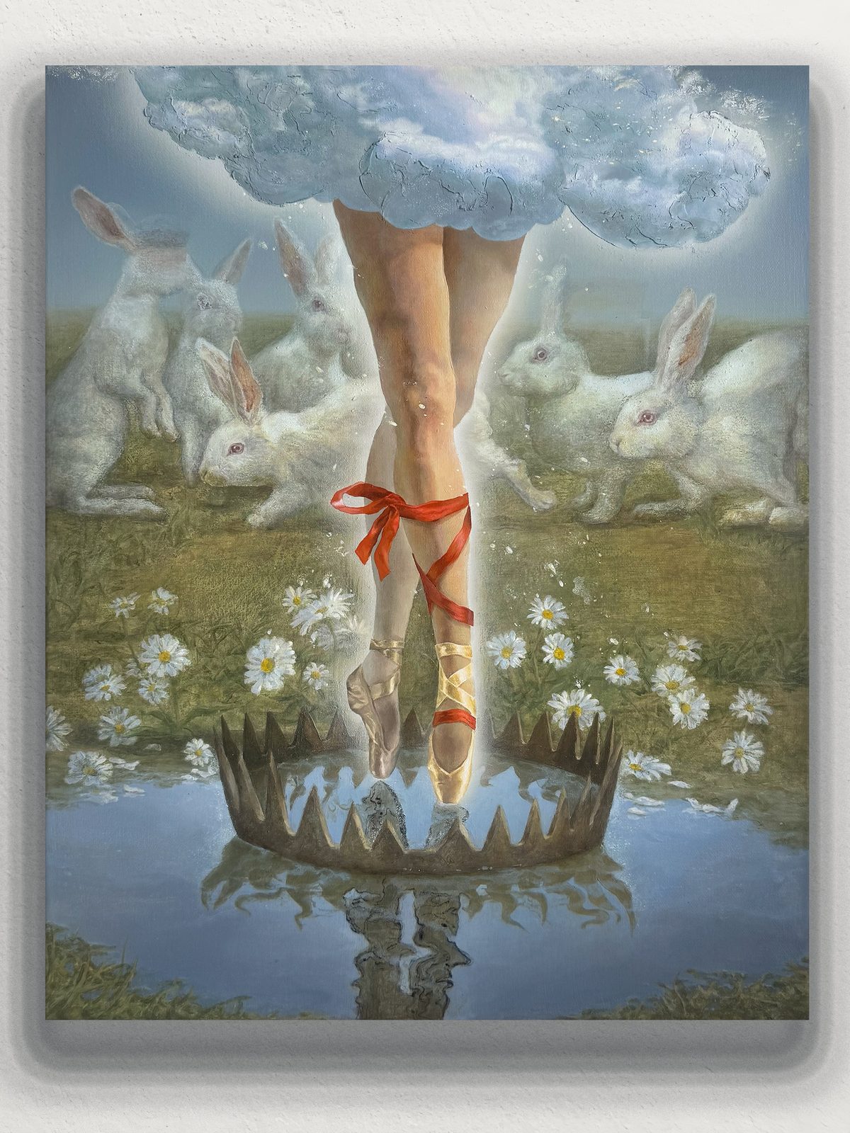The Meadow, a painting by Huaixuan Xiang of a ballerina's legs in red-ribboned pointe shoes stepping onto a crown-shaped trap among white rabbits and daisies