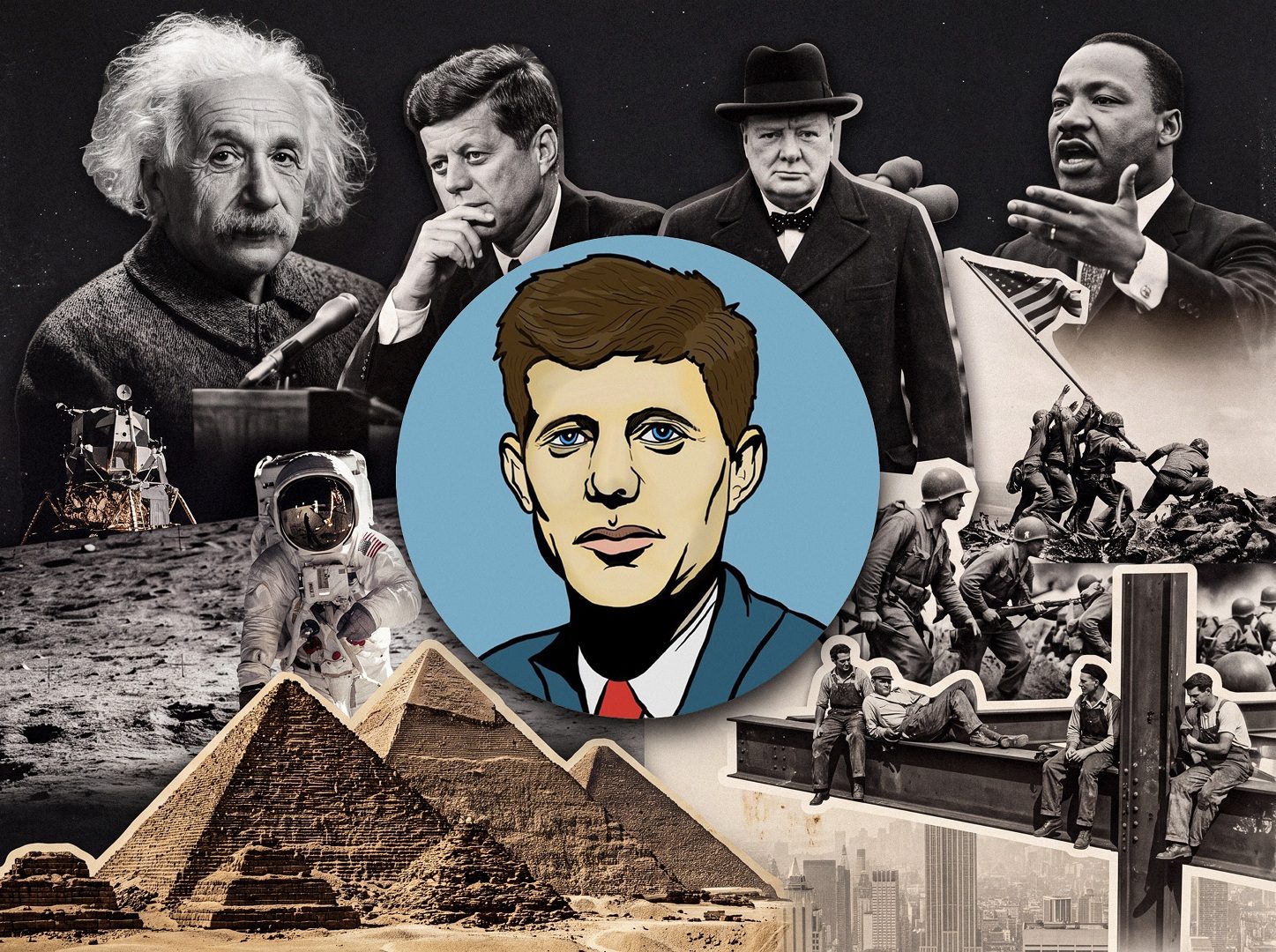 Inside History key art: the brand's illustrated avatar in a blue circle, surrounded by archive photographs of Albert Einstein, John F. Kennedy, Winston Churchill, Martin Luther King Jr., the Apollo moon landing, the pyramids of Giza, the Iwo Jima flag raising and ironworkers lunching on a skyscraper beam