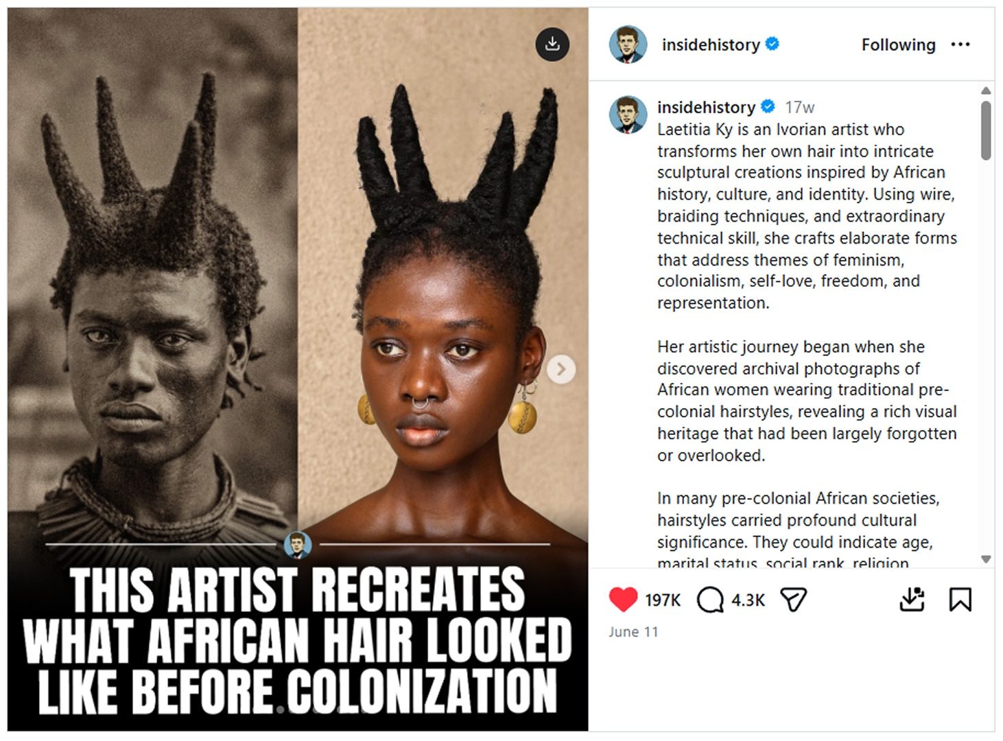 Screenshot of an Inside History Instagram post about Ivorian artist Laetitia Ky recreating pre-colonial African hairstyles, with 197K likes