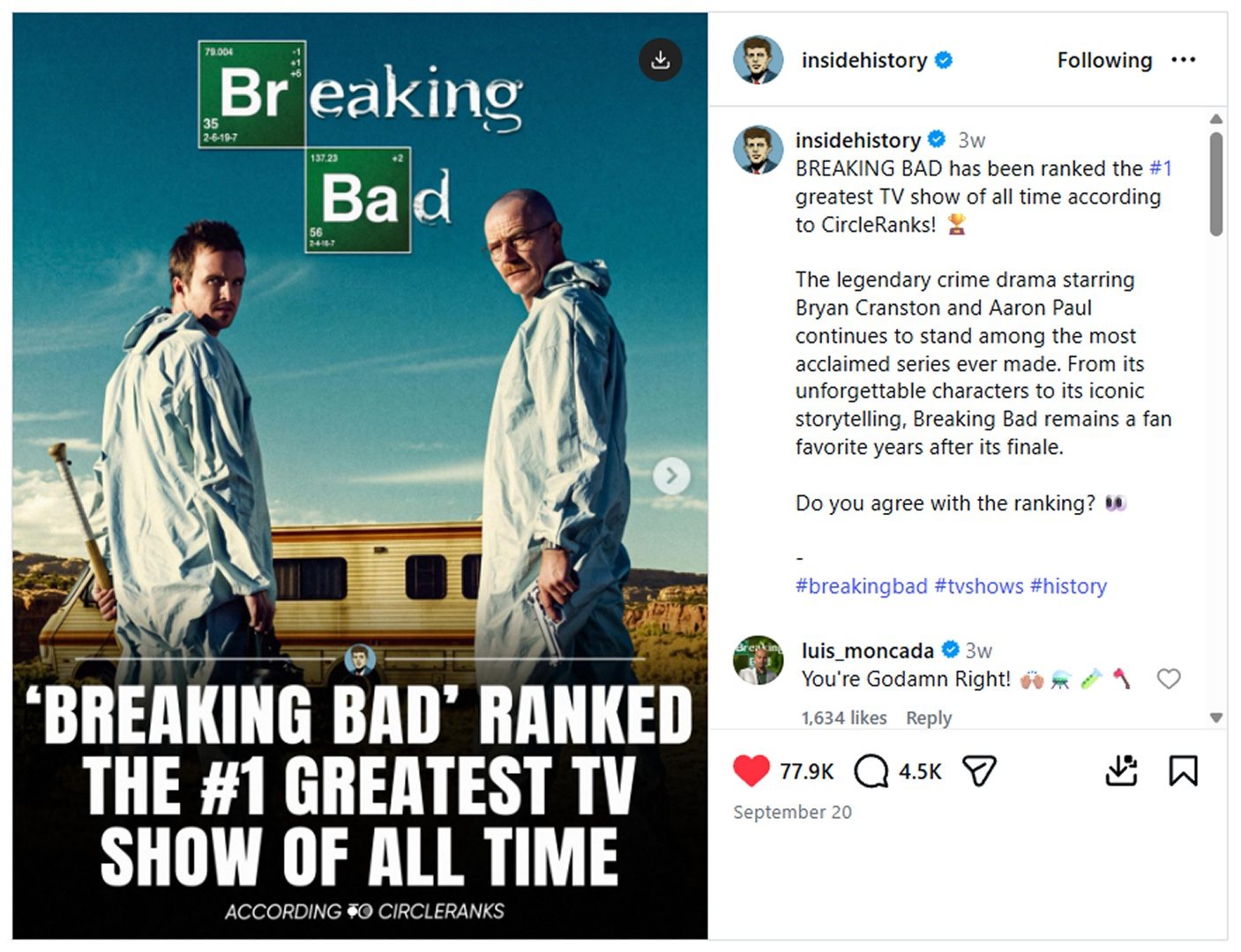 Screenshot of an Inside History Instagram post reporting that Breaking Bad was ranked the greatest TV show of all time, with 77.9K likes