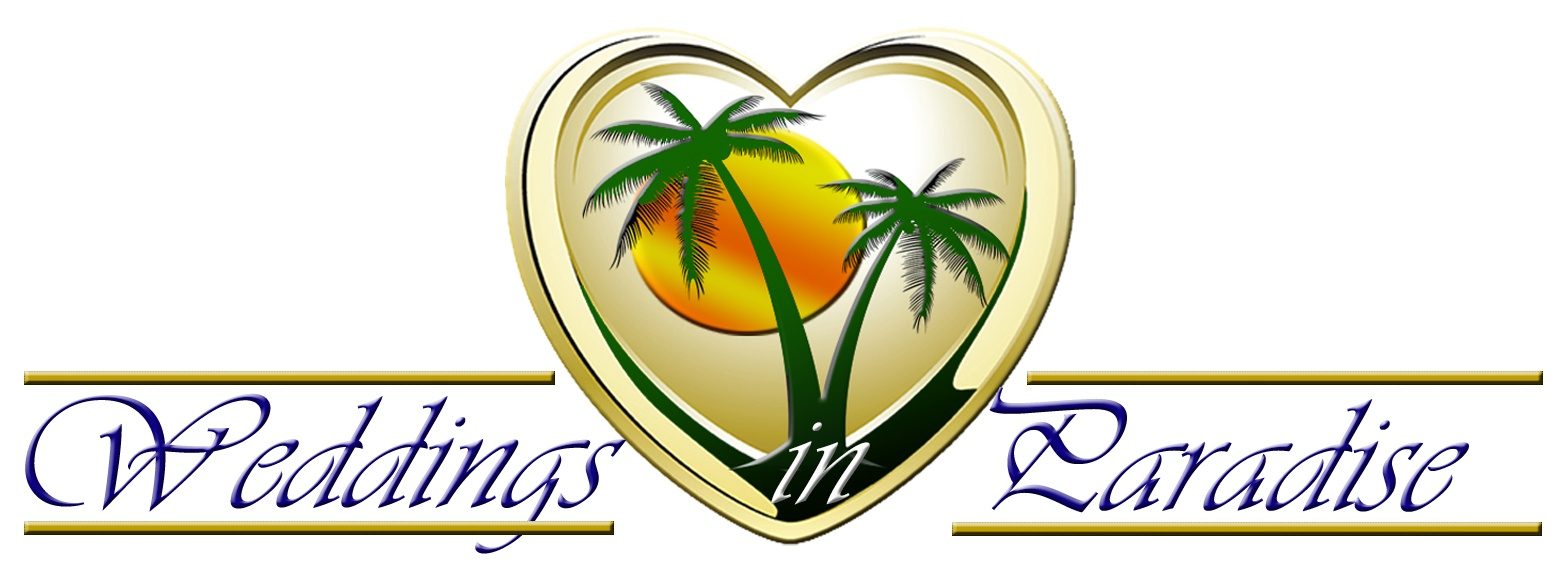 Weddings in Paradise logo with palm trees and a sunset inside a gold heart