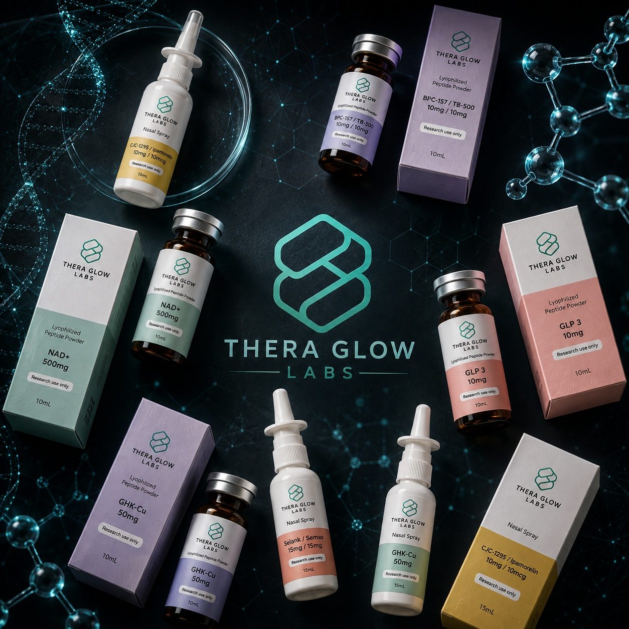 Thera Glow Labs product range: peptide vials, nasal sprays and boxes arranged around the logo