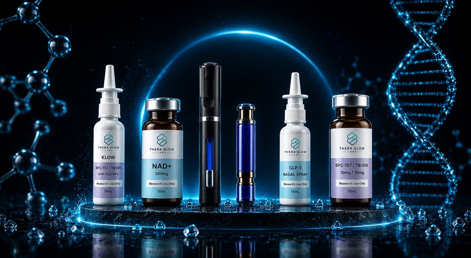 Thera Glow Labs NAD+, GLP-3 and nasal spray products on a dark stage with DNA graphics