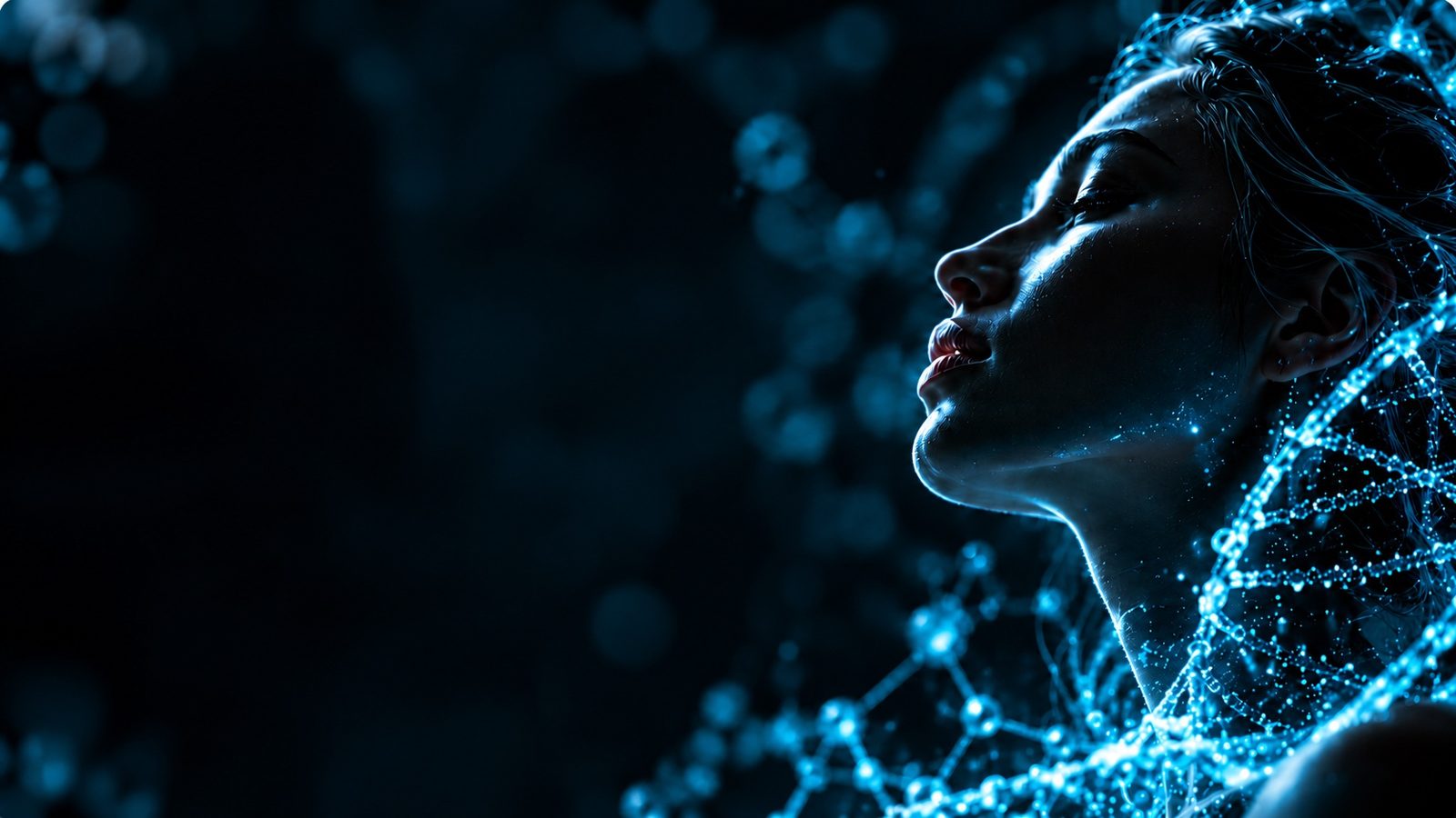 Thera Glow Labs brand art of a woman in profile surrounded by glowing blue molecules
