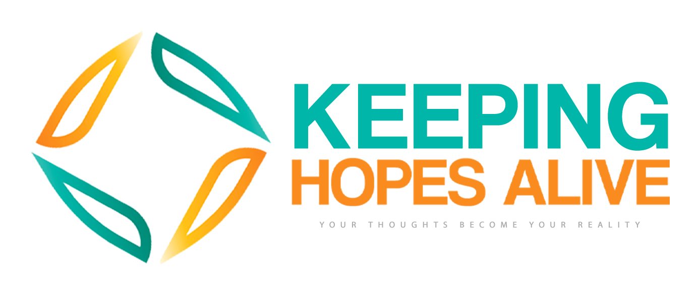 Keeping Hopes Alive logo: four orange and teal leaf shapes in a diamond, with the line Your Thoughts Become Your Reality
