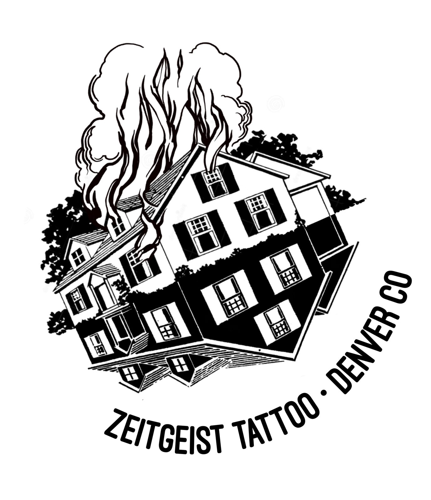Zeitgeist Tattoo Denver CO logo: a hand-drawn house with flames and smoke rising from its roof