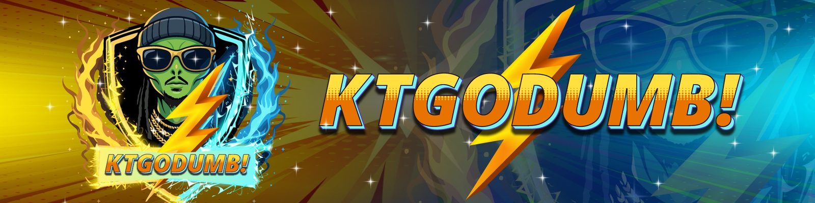 KTGODUMB! banner artwork with a lightning bolt and a cartoon alien character
