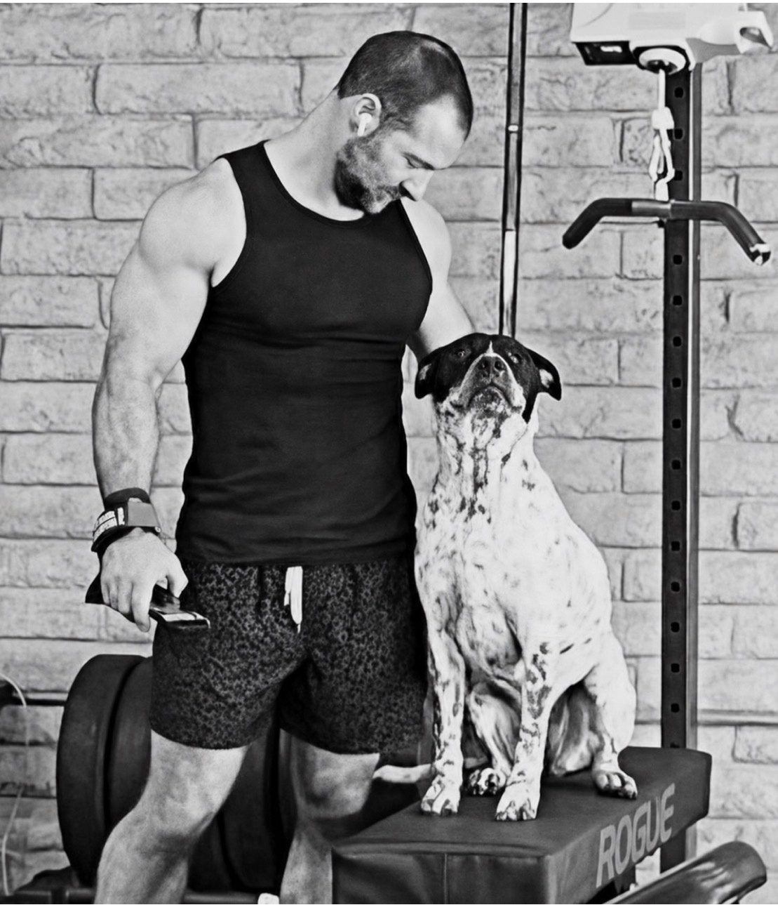 Matt Hitzhusen, owner of HITZ Fitness, standing beside one of the gym dogs sitting on a plyo box