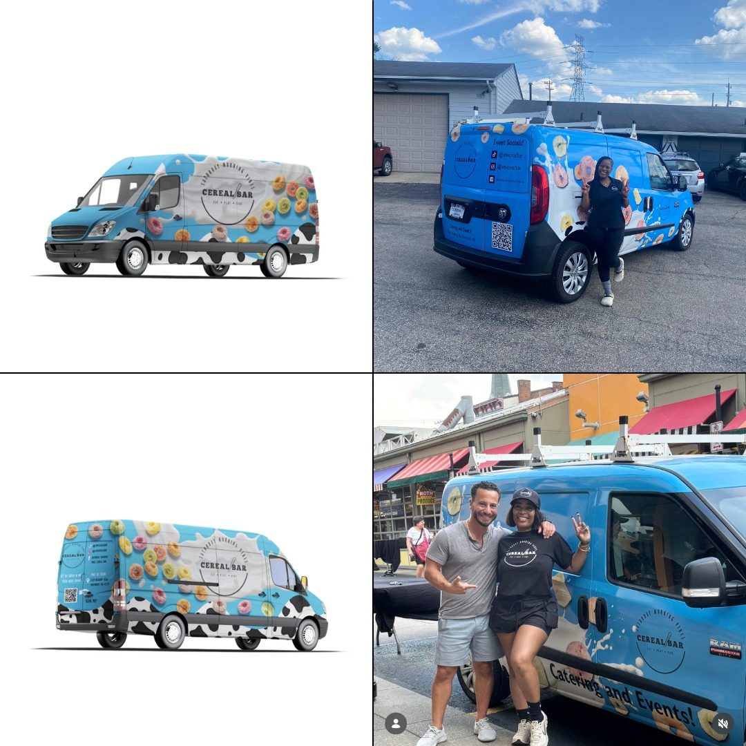 A Cereal Bar van wrap shown as design mockups and on the finished van with its owners