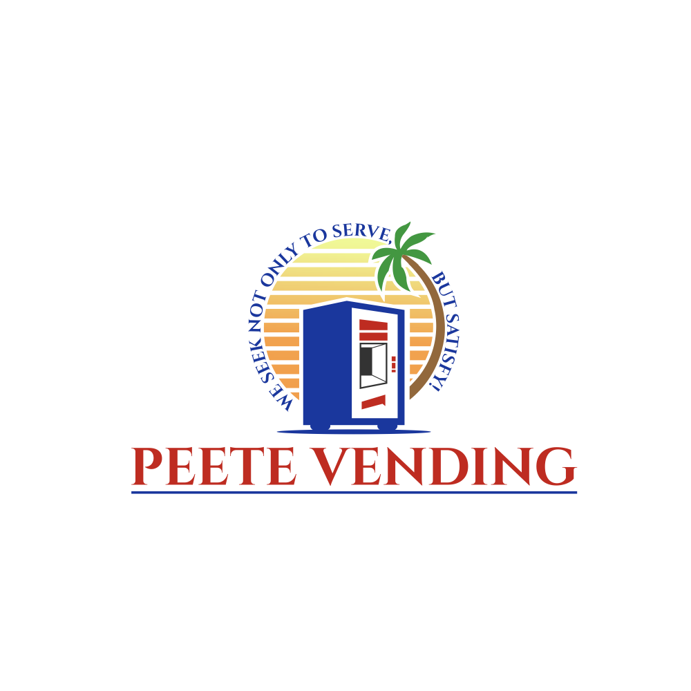 Peete Vending logo: a blue vending machine in front of a sunset and palm tree, with the motto We seek not only to serve, but to satisfy