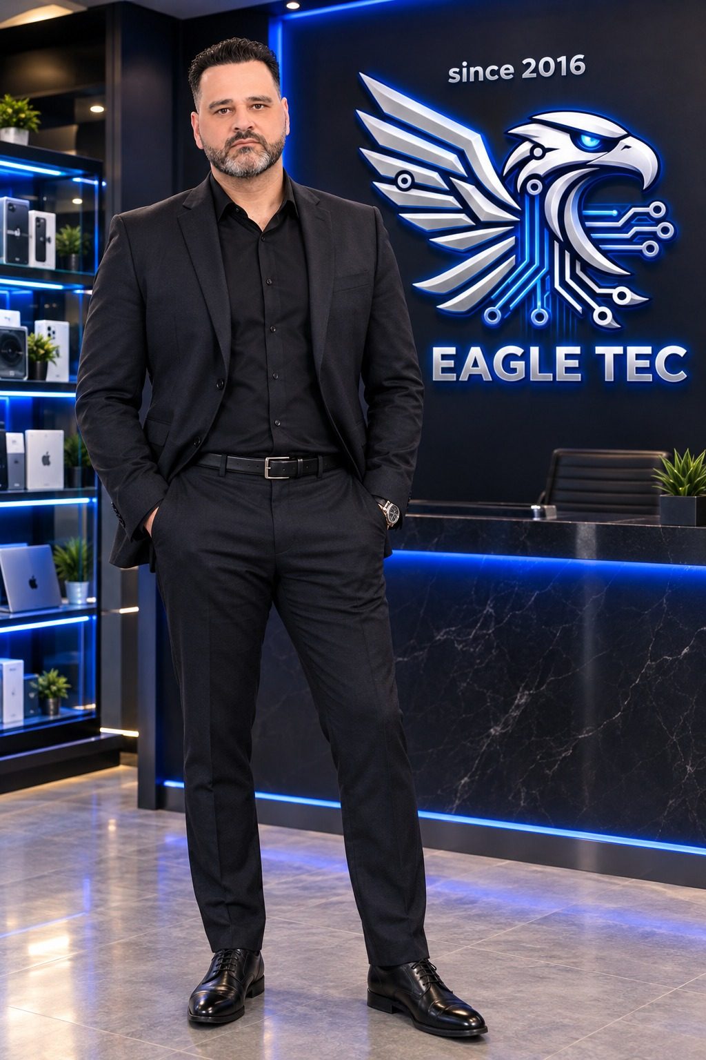 Ray Almir in a black suit in front of the illuminated Eagle Tec sign in a showroom lined with devices