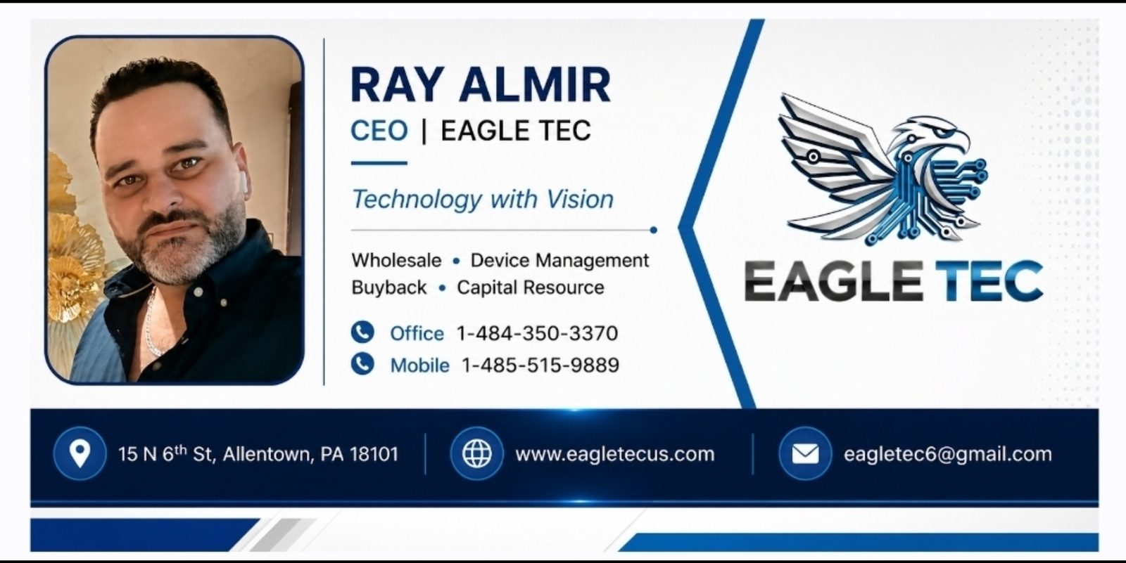Ray Almir's Eagle Tec business card with his photo, phone numbers, store address and website
