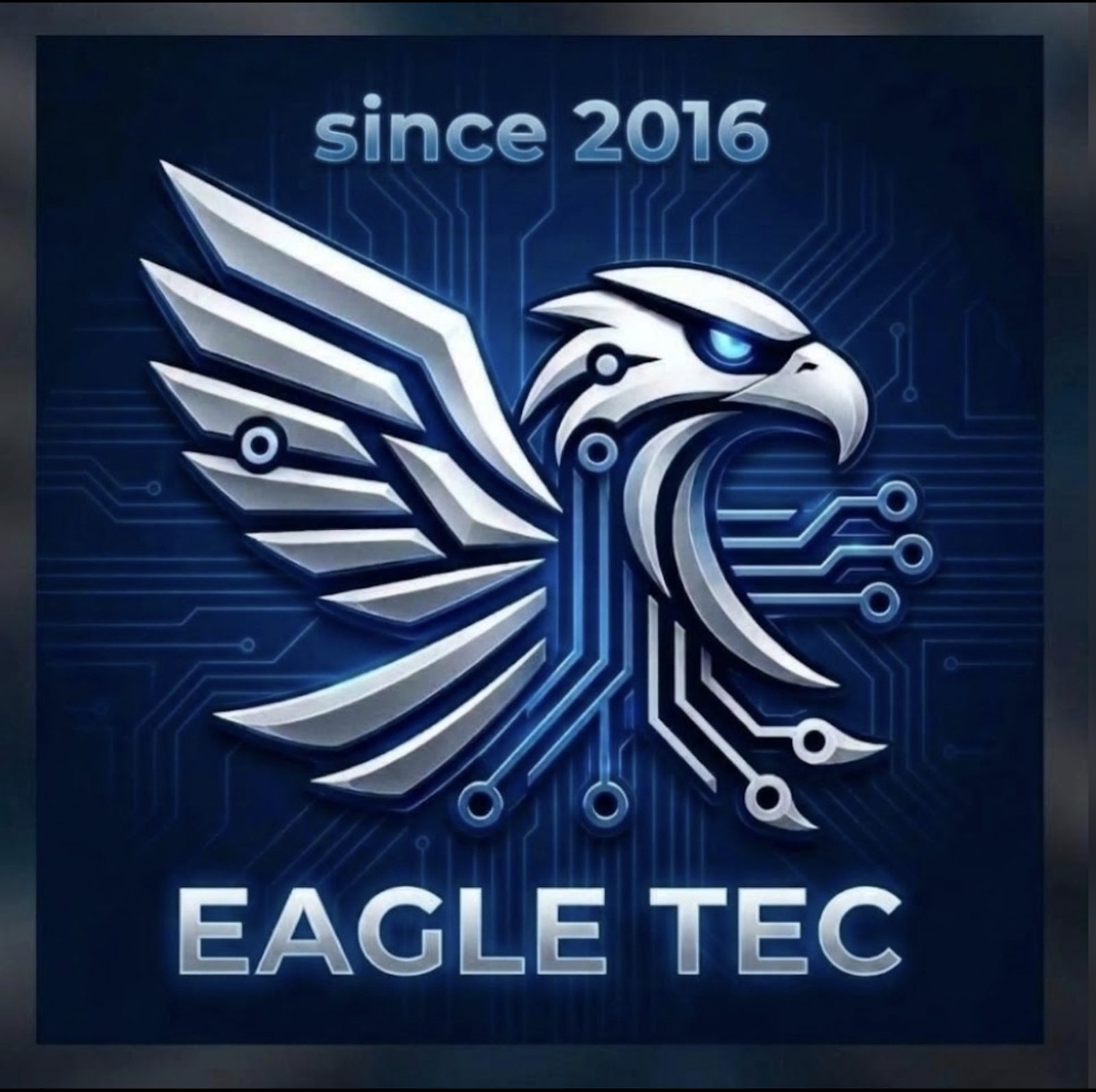 Eagle Tec logo: a silver circuit-board eagle on a dark blue background with the words since 2016