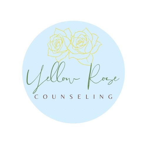Yellow Rose Counseling logo, two yellow line-drawn roses above the name in green script on a pale blue circle