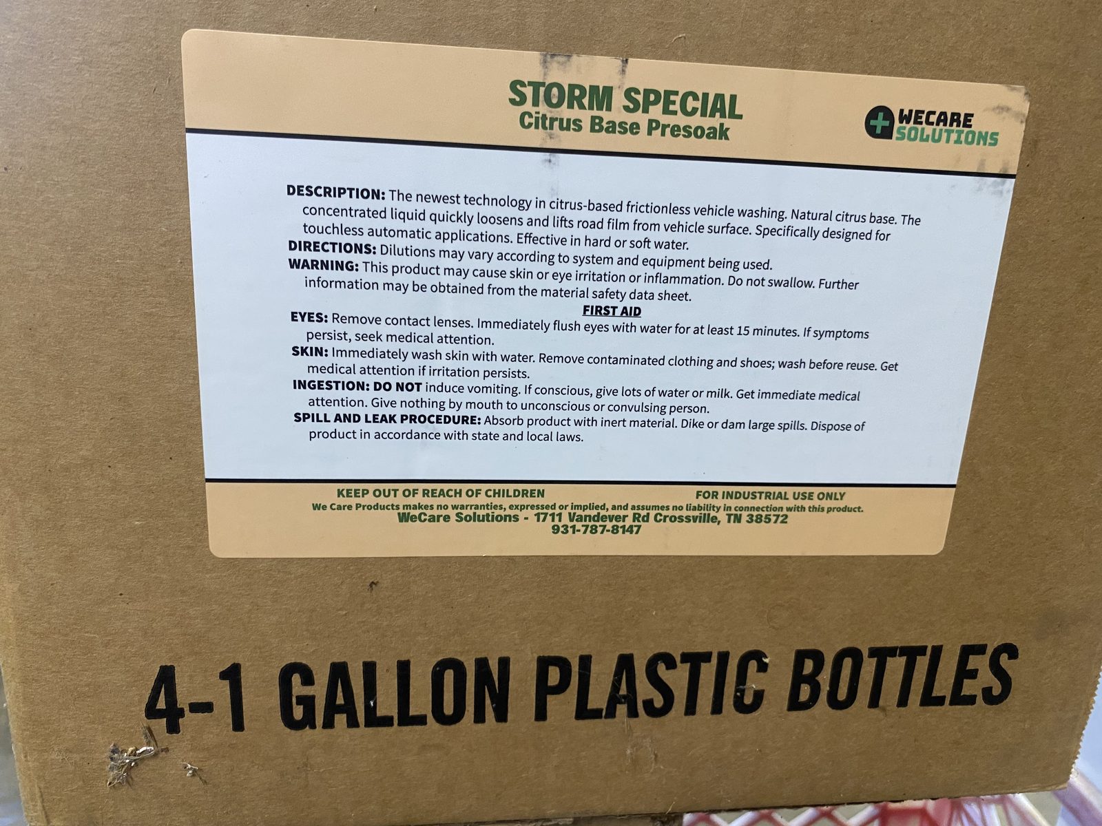 A case of WeCare Solutions Storm Special citrus base presoak, four one-gallon bottles