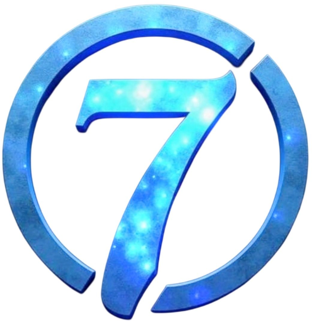 Sevens Magazine logo, a blue starry numeral 7 inside an open blue ring