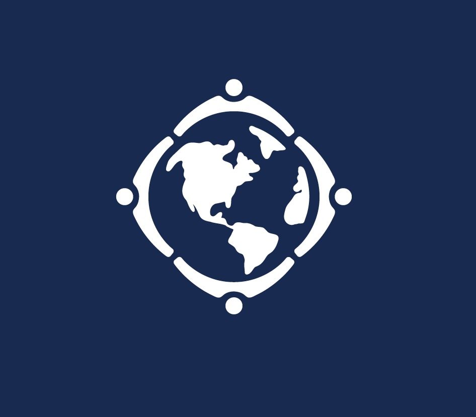A New World Immigration Law logo, a white globe ringed by four figures on navy