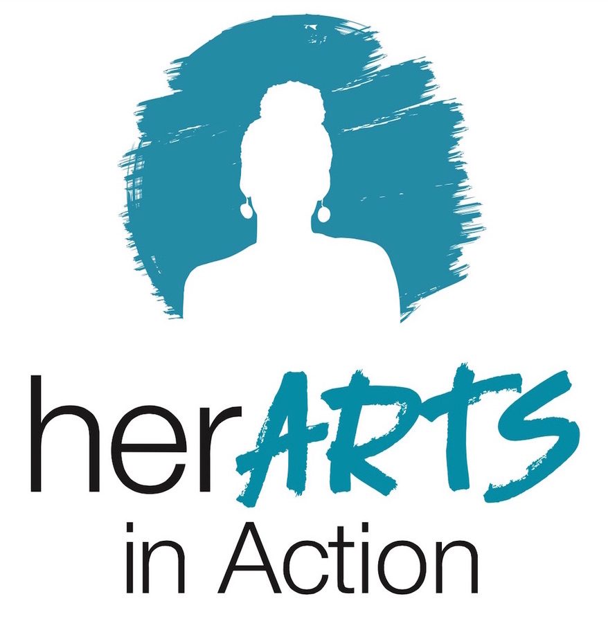 herARTS in Action logo, a teal brushstroke silhouette of a woman above the wordmark