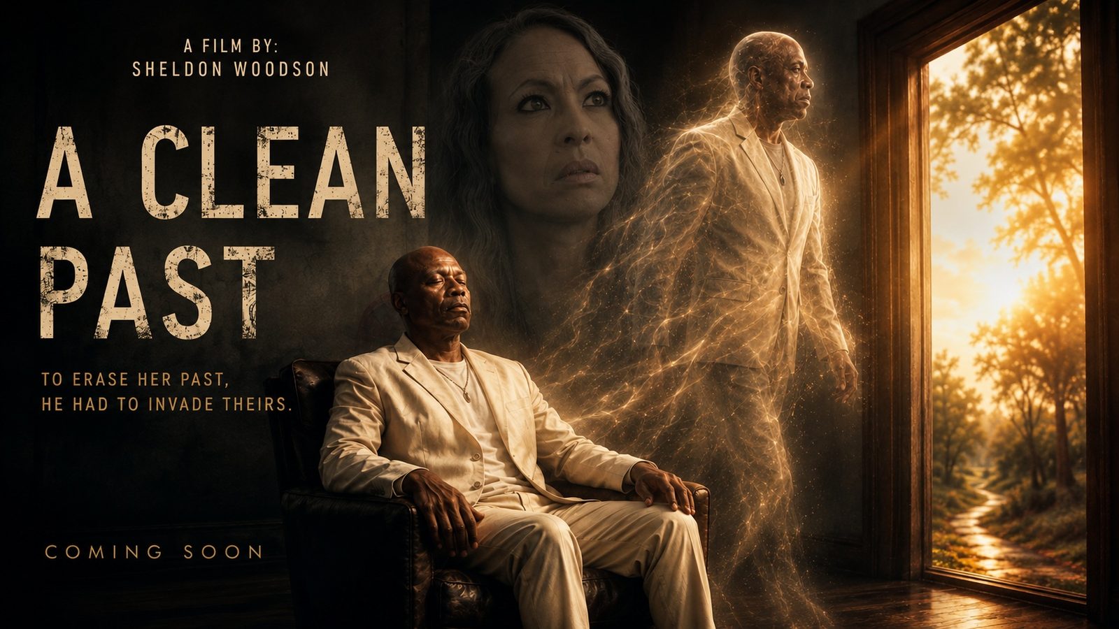 Poster for A Clean Past, a film by Sheldon Woodson: a man in a white suit seated as two figures emerge from a doorway of light