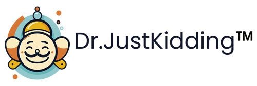 Dr.JustKidding logo with a smiling cartoon character in a yellow hat