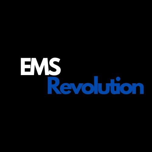 EMS Revolution logo: EMS in white above Revolution in blue on a black background
